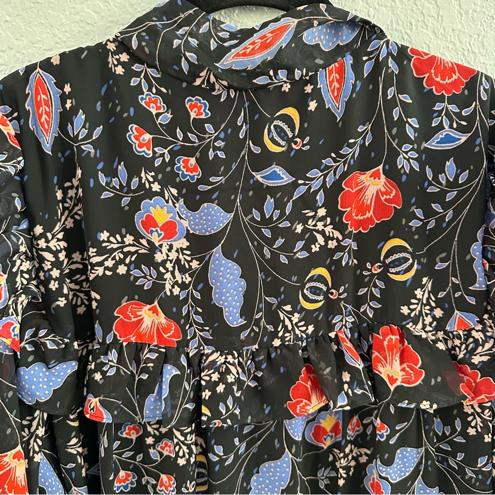 Romantic Floral Tie Neck Dress Black Sheer Sleeve Ruffle Boho - Size 14 - Picture 11 of 13